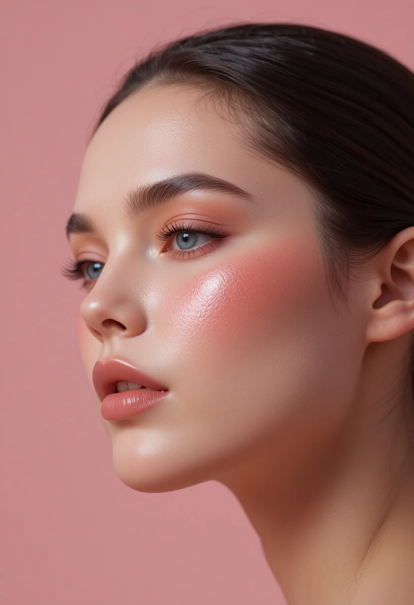 Close-up of a woman's face showcasing the blush draping technique for natural face sculpting and contouring